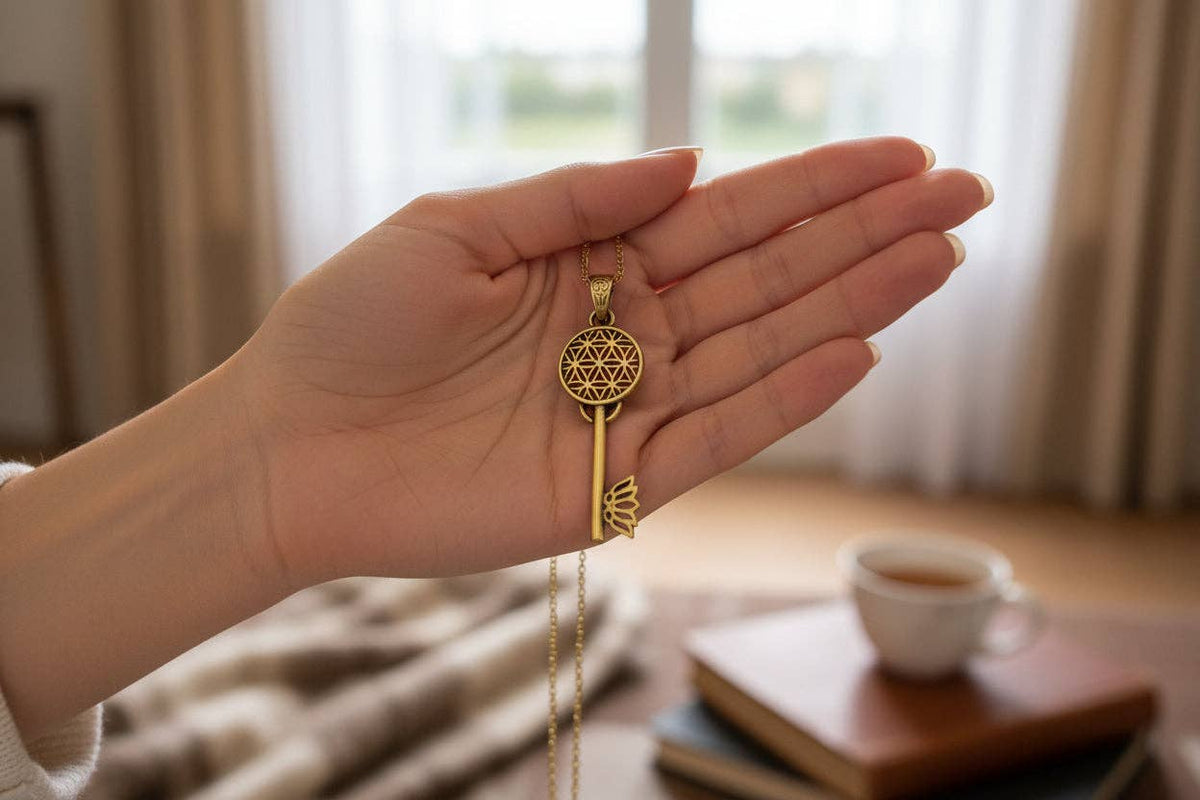 Gold Flower of Life Key Pendant, Egyptian Talisman Necklace: Pendant Only