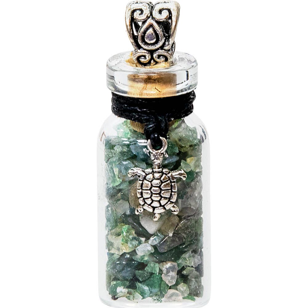 Gemstone Chip Bottle Necklace - Moss Agate w/ Turtle (Each)