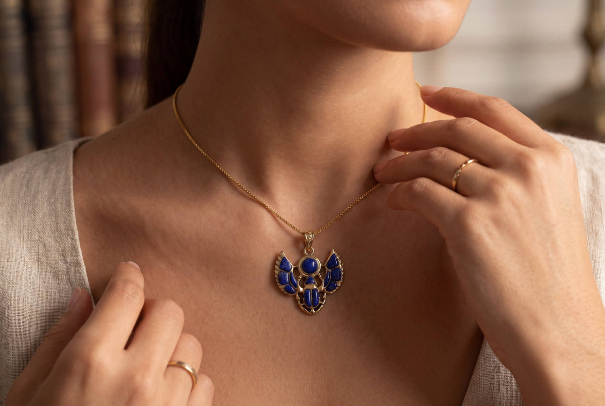 Gold Scarab Lapis Lazuli Pendant Necklace, Egyptian Revival : Pendant Only