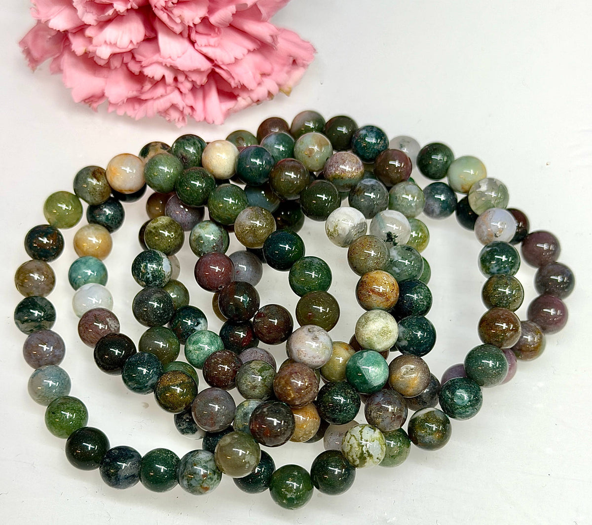 Natural Indian Moss Agate 8mm Crystal Stretch Bracelet 7.5"