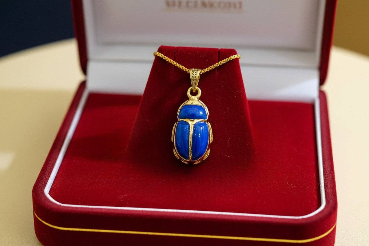 Gold Egyptian Scarab Lapis Lazuli Necklace, Handmade Talisman Divine Pendant: Pendant Only
