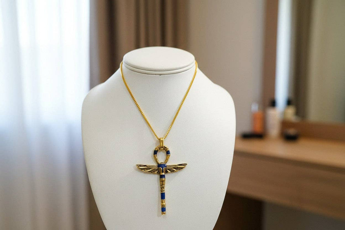 Gold Winged Ankh Pendant Necklace, Egyptian Key of Life Talisman: Pendant Only