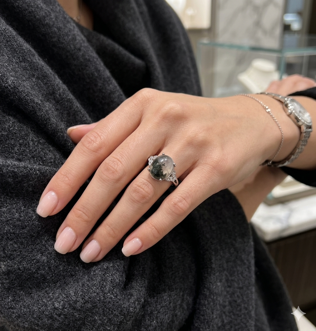Natural Moss Agate Stainless Steel Rings 10x12mm