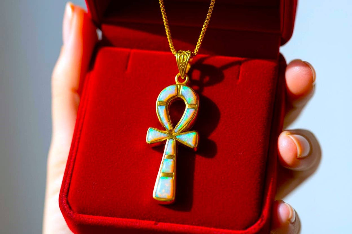Gold Opal Key Of Life Ankh Pendant, Egyptian Revival Divine Minimalist Necklace: Pendant Only