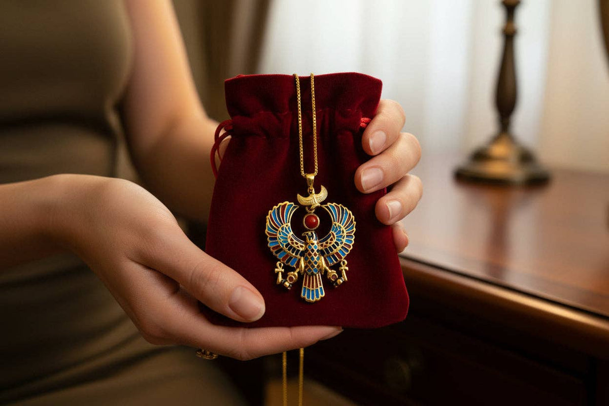 Gold God Horus Large Enamel Pendant, Egyptian Revival Talisman Necklace: Pendant Only