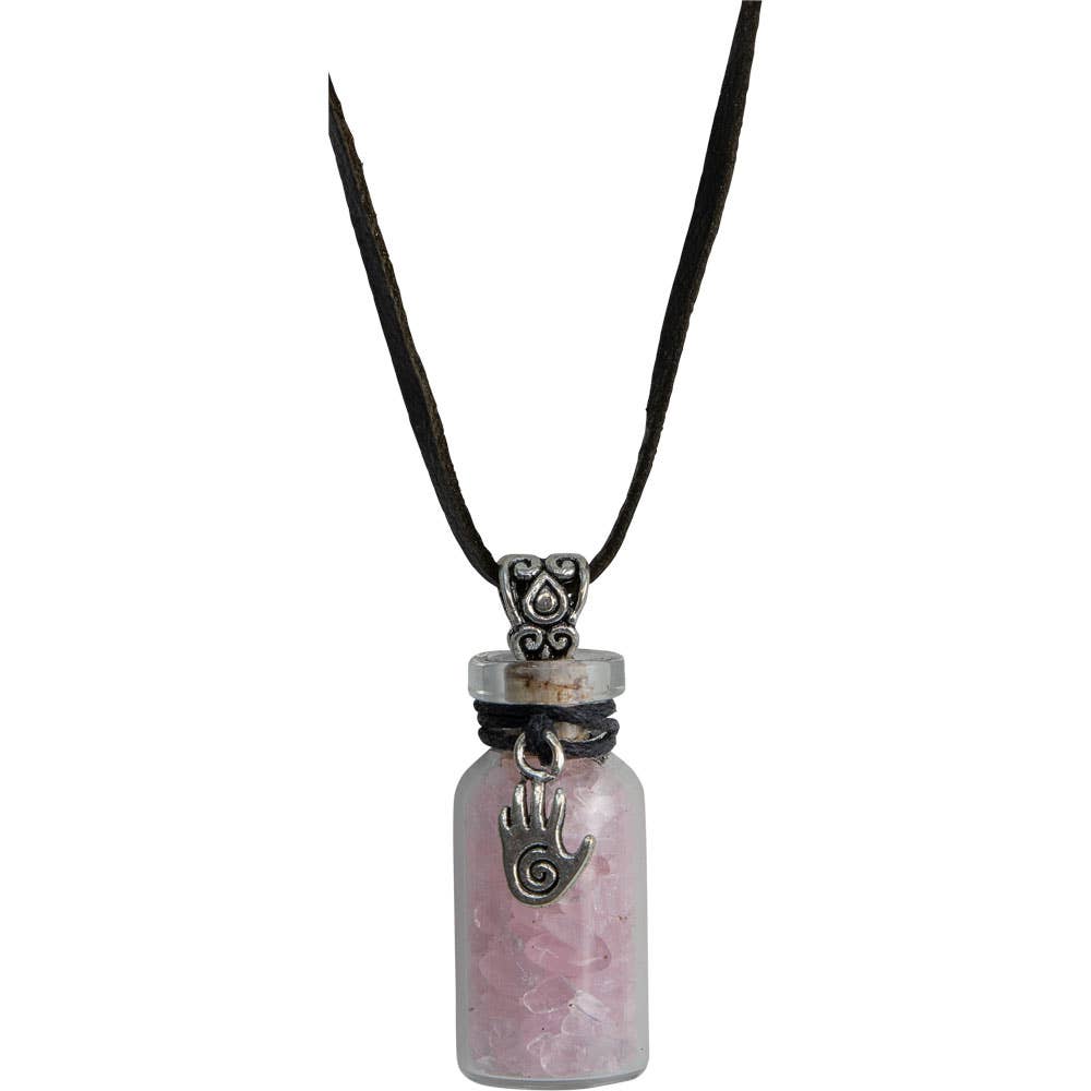 Gemstone Chip Bottle Necklace - Rose Quartz w/ Healing Hand