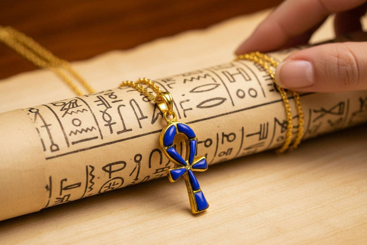 Gold Ankh Lapis Lazuli Pendant Necklace, Egyptian Talisman Jewelry: Pendant Only