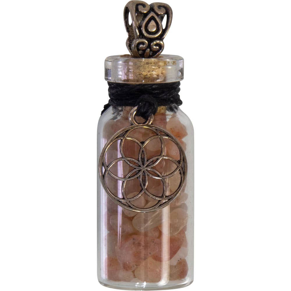 Gemstone Chip Bottle Necklace - Sunstone w/ Seed of Life