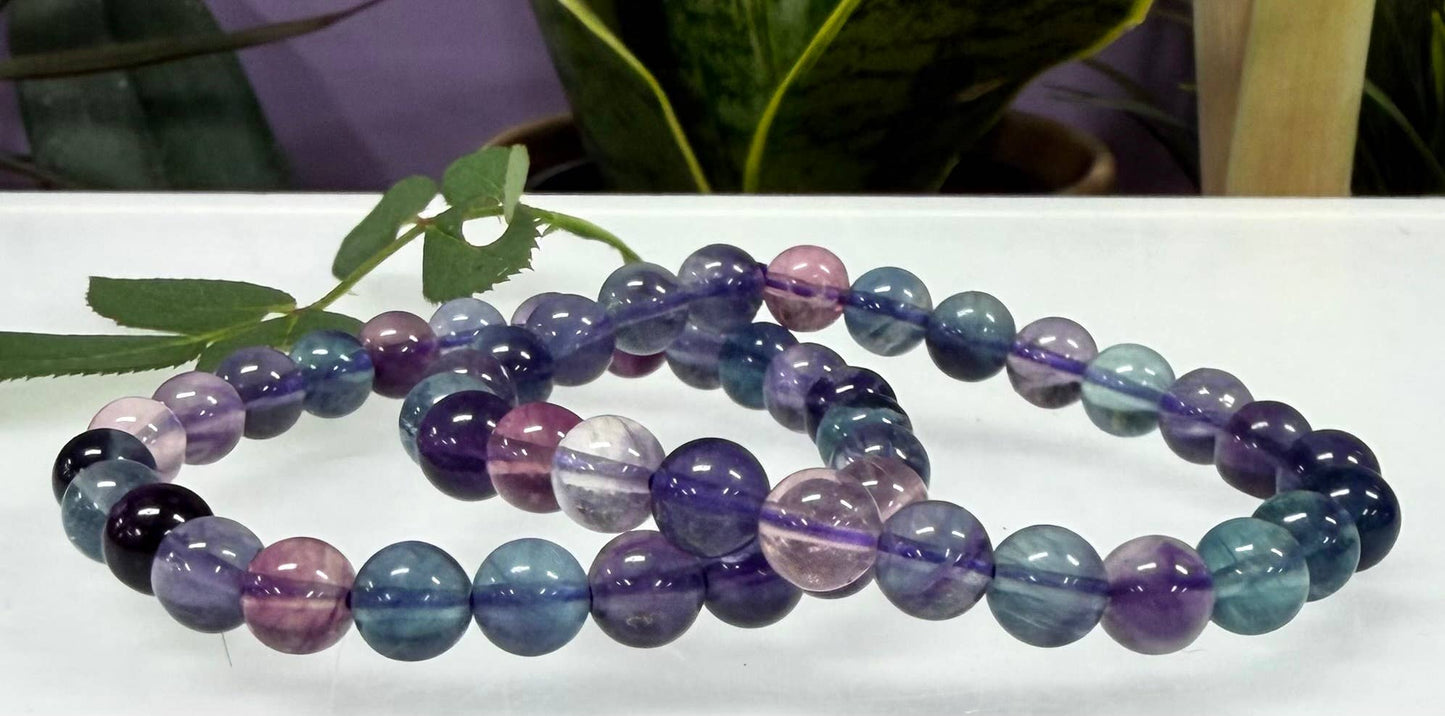 Natural Rainbow Fluorite 8mm Crystal Stretch Bracelet 7.5"