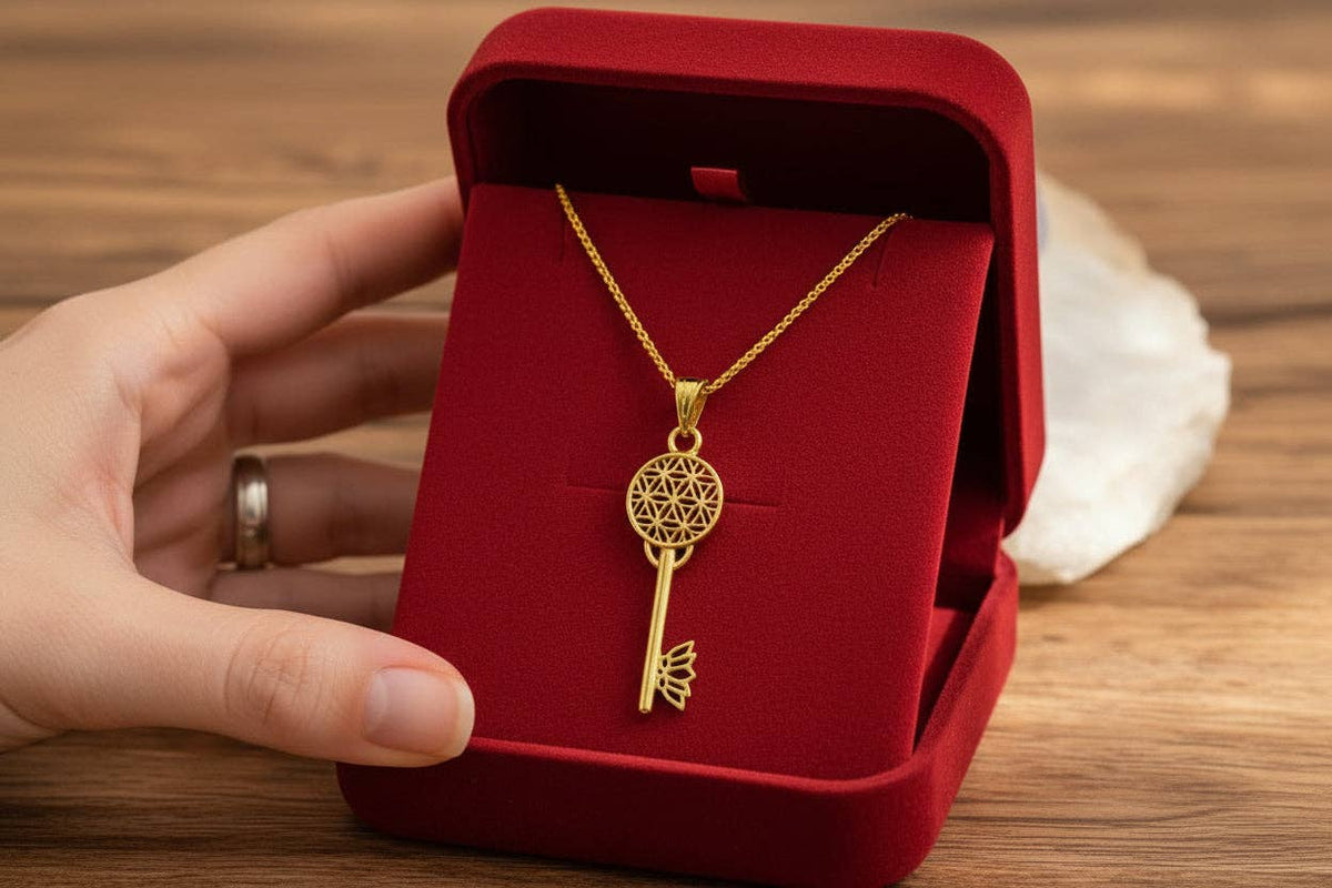 Gold Flower of Life Key Pendant, Egyptian Talisman Necklace: Pendant Only