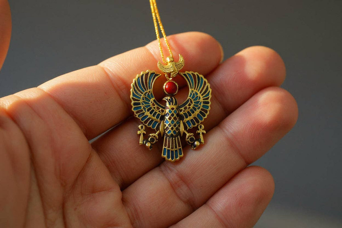 Gold God Horus Large Enamel Pendant, Egyptian Revival Talisman Necklace: Pendant Only