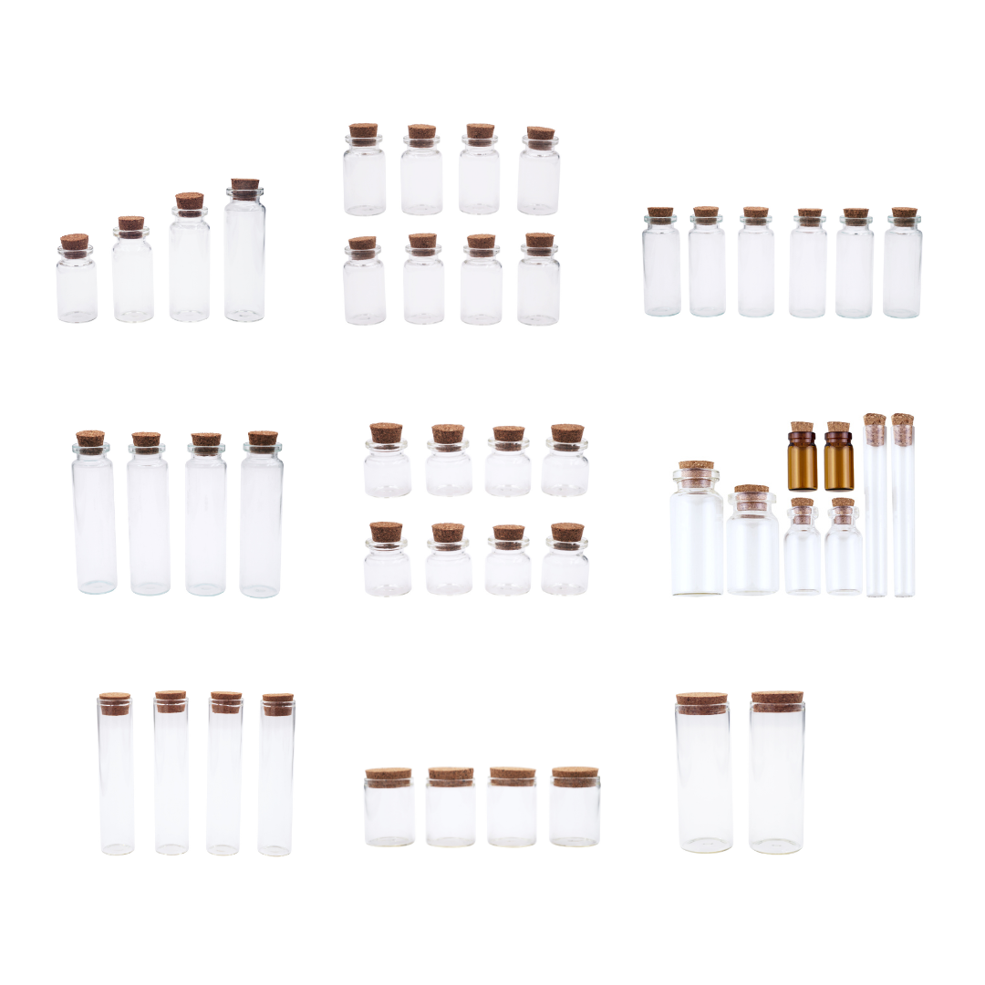 Small Glass Bottle w/ Cork Cap: BO-008 2cm x 4.5-7.5cm (4-ct)