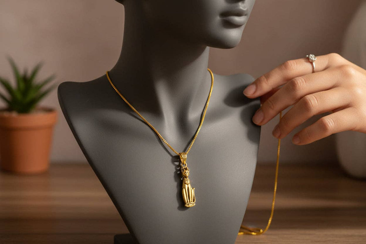 Gold Goddess Bastet Cat Pendant Necklace, Egyptian Revival Jewelry: Pendant Only
