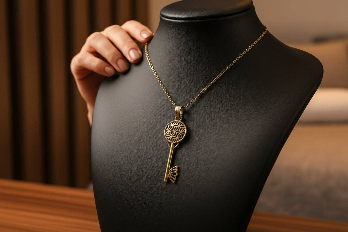 Gold Flower of Life Key Pendant, Egyptian Talisman Necklace: Pendant Only