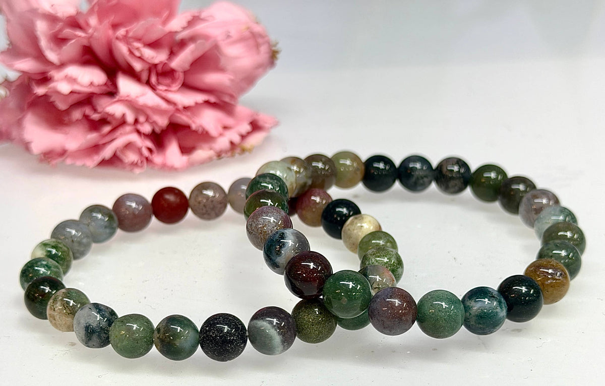 Natural Indian Moss Agate 8mm Crystal Stretch Bracelet 7.5"