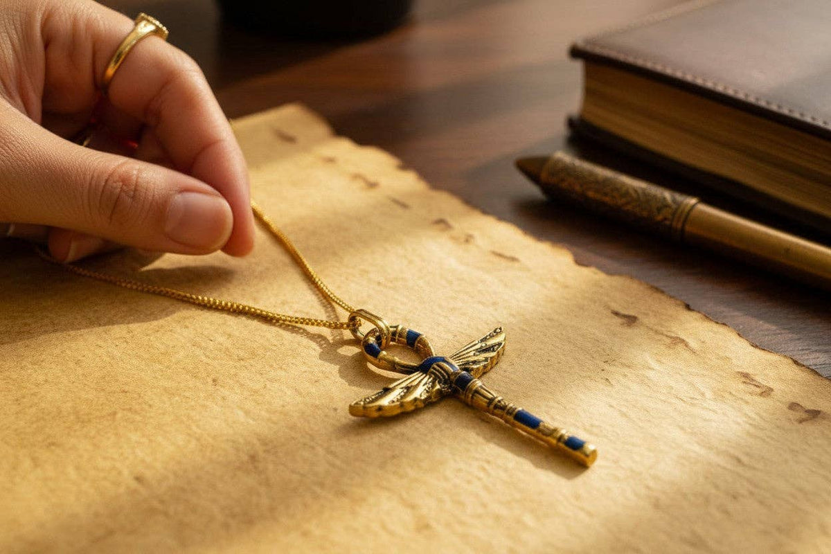 Gold Winged Ankh Pendant Necklace, Egyptian Key of Life Talisman: Pendant Only