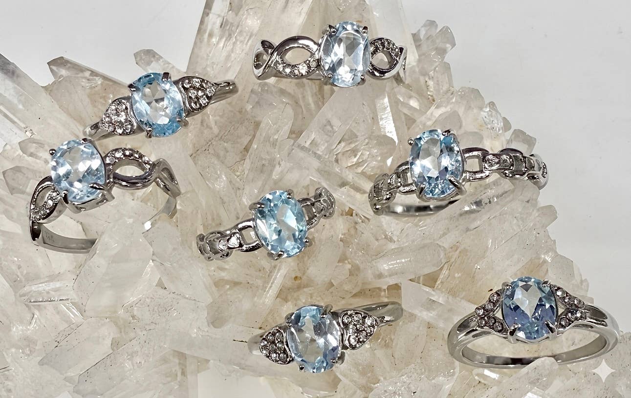 Faceted Natural Blue Topaz Stainless Steel Rings 7x9mm