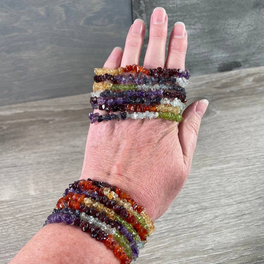 Multi-Stone Gemstone Chip Bracelets –  Wholesale Crystals: Amethyst Lapis Lazuli Aquamarine Aventurine Carnelian Citrine Garnet (treated)