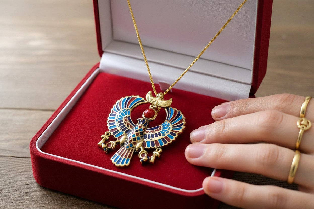 Gold God Horus Large Enamel Pendant, Egyptian Revival Talisman Necklace: Pendant Only