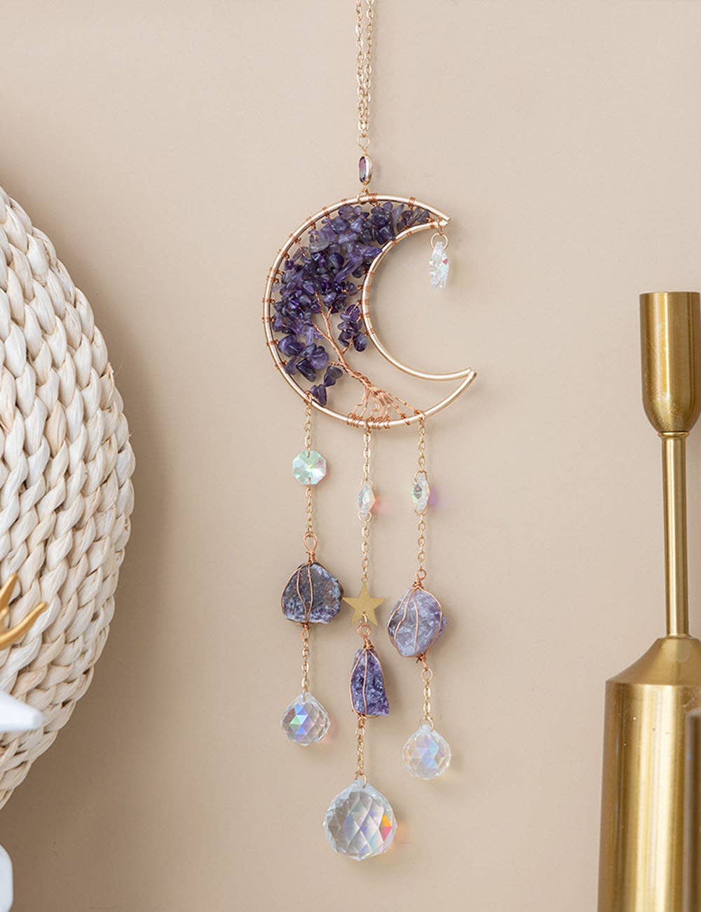 Natural Stone Crystal Moon Shaped Suncatcher 8ZA7HLS08: Purple