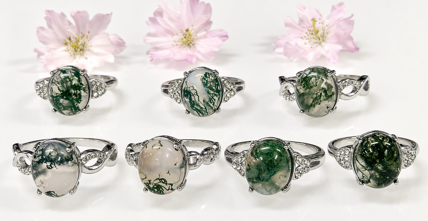 Natural Moss Agate Stainless Steel Rings 10x12mm