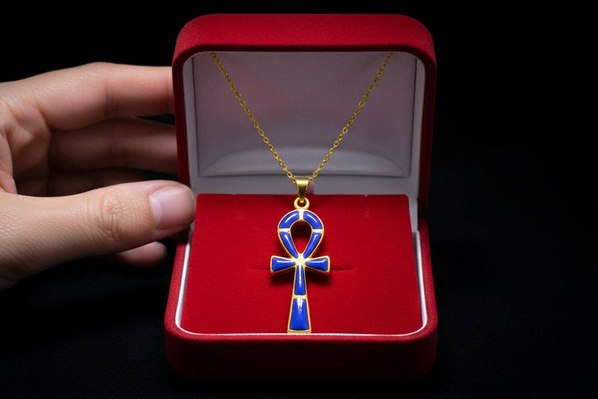Gold Ankh Lapis Lazuli Pendant Necklace, Egyptian Talisman Jewelry: Pendant Only