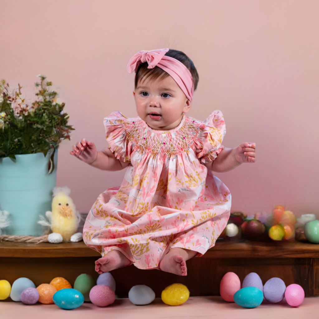 Pink Geo Smocked with Unicorn Print Short Sleeve Bishop Dress: 0-3 months