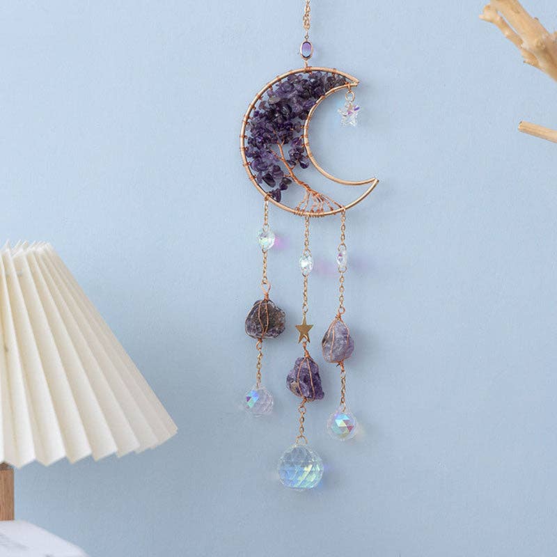 Natural Stone Crystal Moon Shaped Suncatcher 8ZA7HLS08: Purple