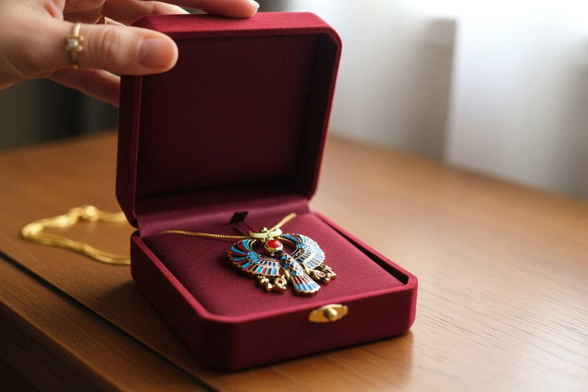 Gold God Horus Large Enamel Pendant, Egyptian Revival Talisman Necklace: Pendant Only