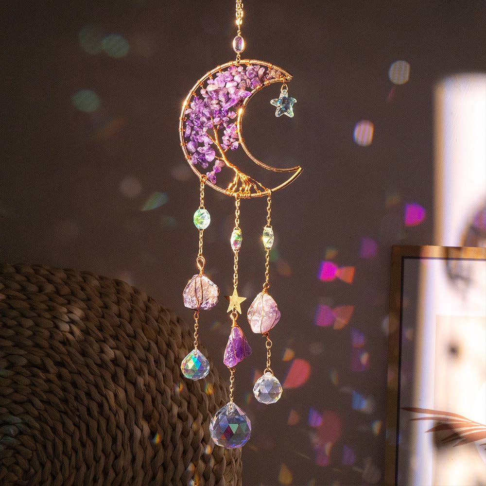 Natural Stone Crystal Moon Shaped Suncatcher 8ZA7HLS08: Purple