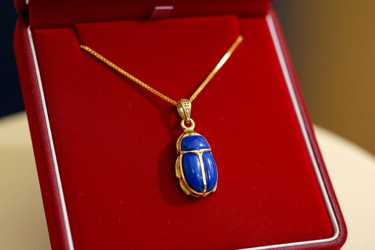 Gold Egyptian Scarab Lapis Lazuli Necklace, Handmade Talisman Divine Pendant: Pendant Only