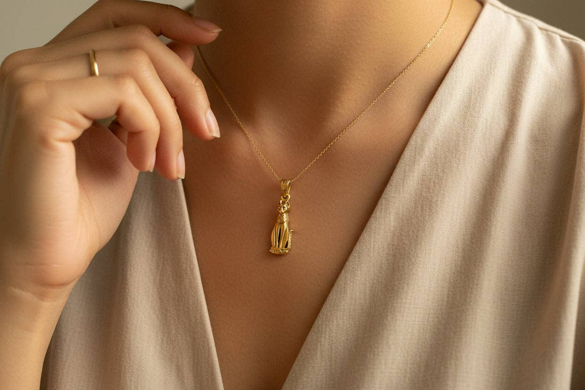 Gold Goddess Bastet Cat Pendant Necklace, Egyptian Revival Jewelry: Pendant Only