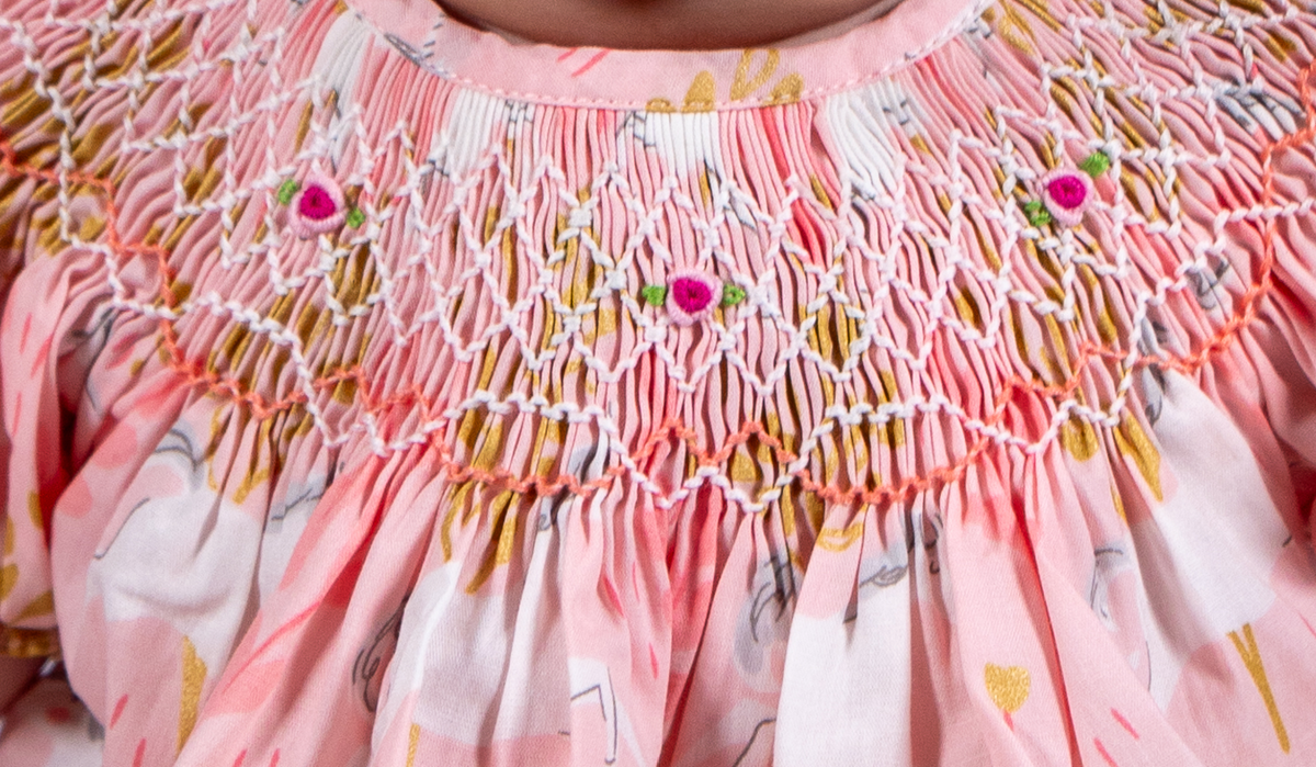 Pink Geo Smocked with Unicorn Print Short Sleeve Bishop Dress: 0-3 months