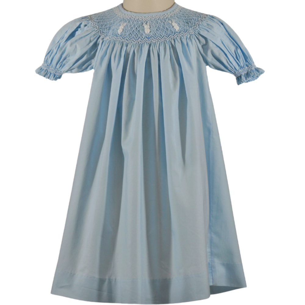Blue Smocked Bunny Short Sleeve Bishop Dress: 3 months
