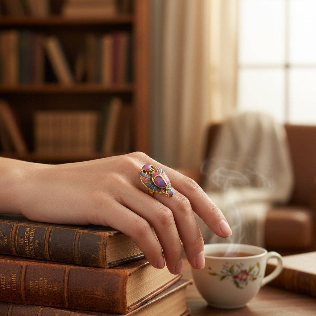 Opal Pinky Gold Scarab Ring, Egyptian Talisman, Adjustable Ring