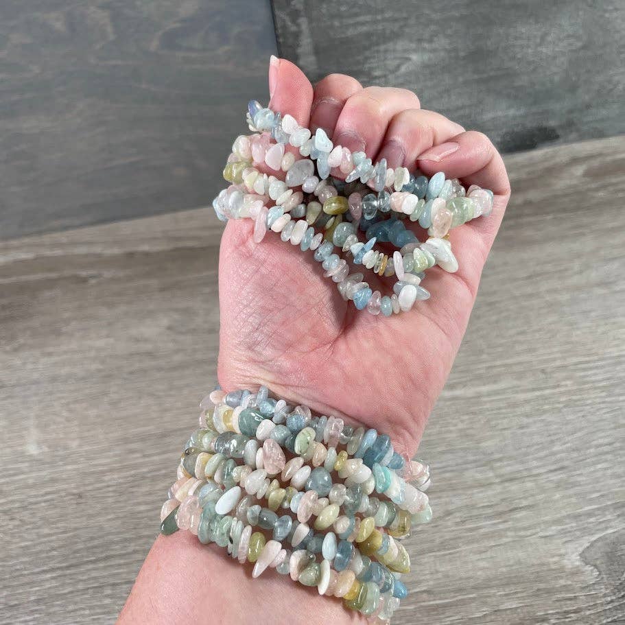 Gemstone Chip Bracelets – Premium Stones Crystal Jewelry: Morganite with Beryl (aquamarine)