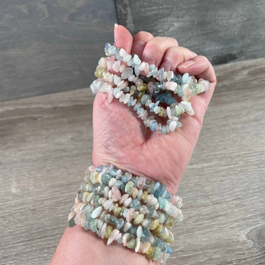 Gemstone Chip Bracelets – Premium Stones Crystal Jewelry: Morganite with Beryl (aquamarine)
