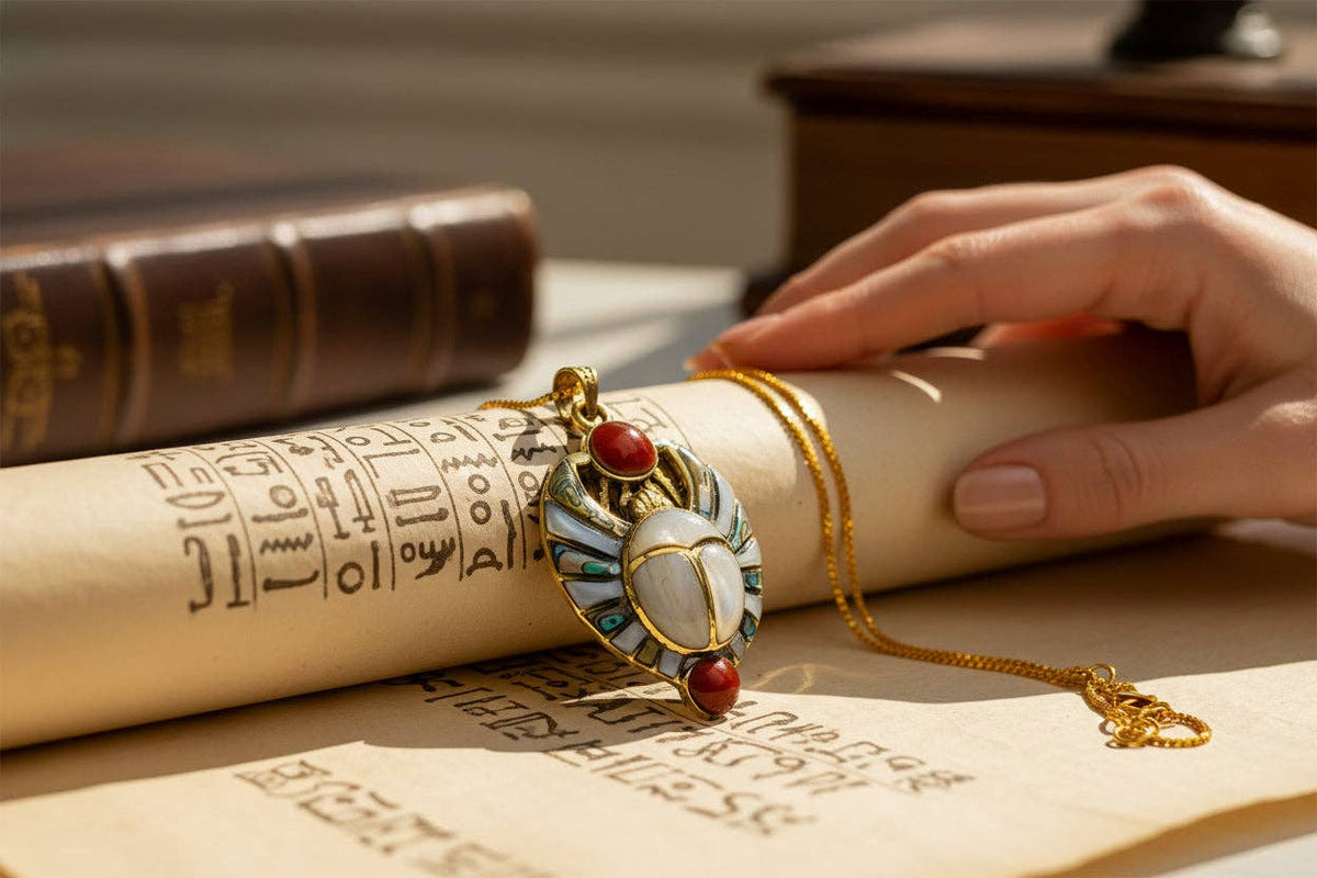 Gold Royal Scarab Pendant Necklace, Mother of Pearl Egyptian Revival Jewelry: Pendant Only