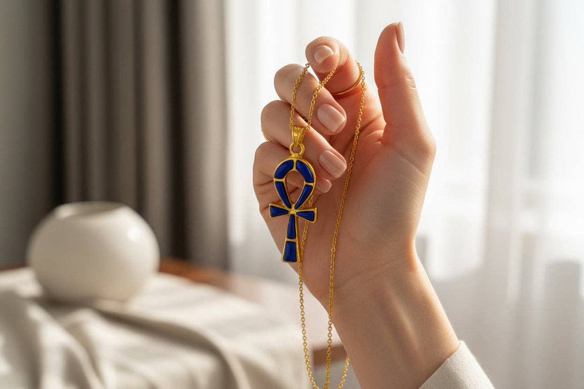 Gold Ankh Lapis Lazuli Pendant Necklace, Egyptian Talisman Jewelry: Pendant Only