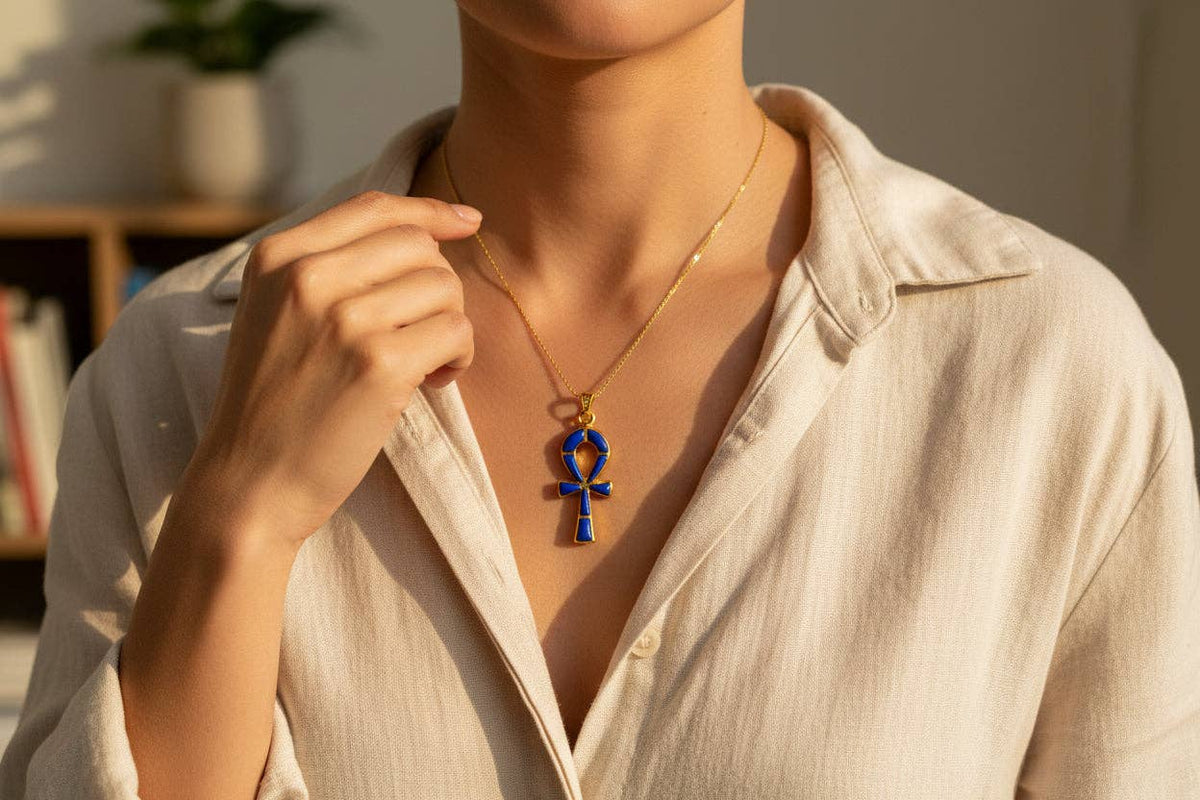 Gold Ankh Lapis Lazuli Pendant Necklace, Egyptian Talisman Jewelry: Pendant Only