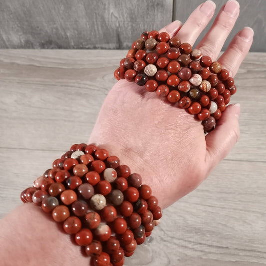 8mm Round Gemstone Beaded Bracelets – Assorted Crystals Bulk: Red Jasper B