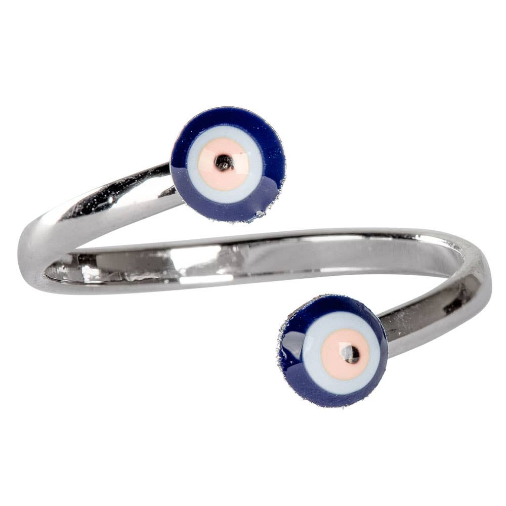 Double Evil Eye Adjustable Ring Silver