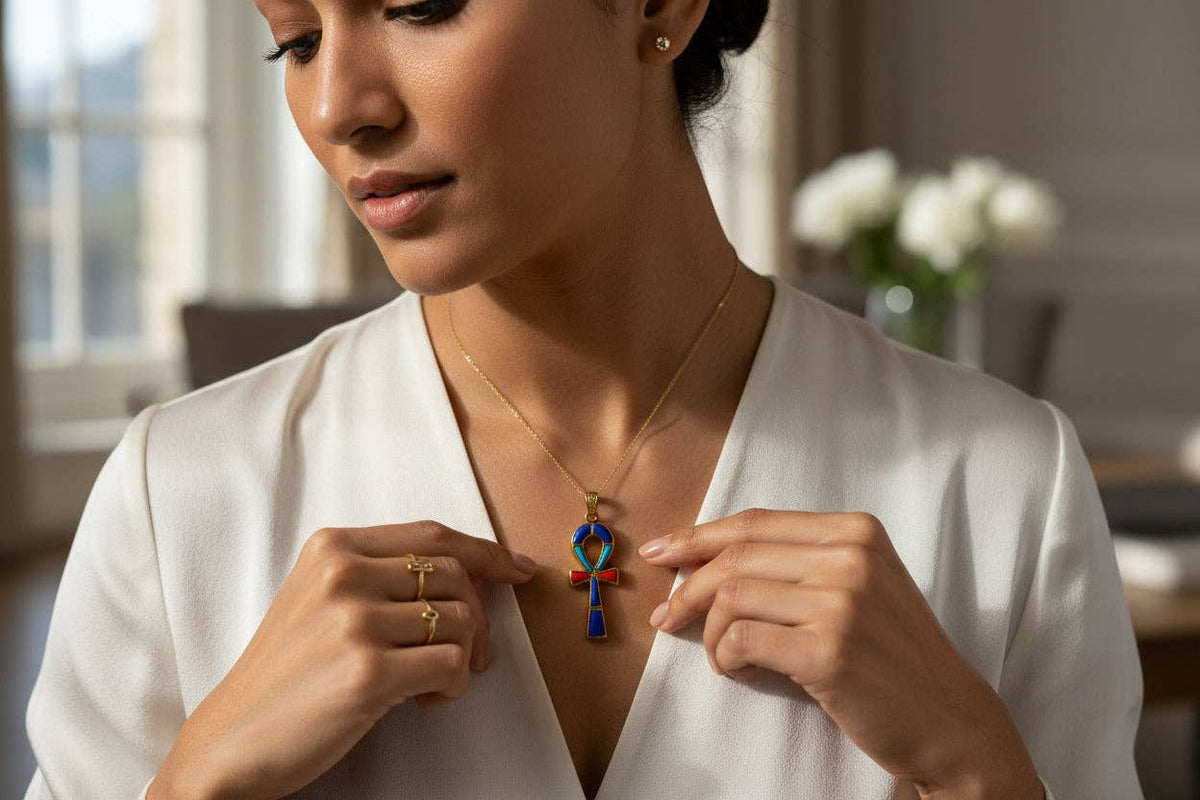 Gold Key Of Life Ankh Pendant Necklace, Lapis Lazuli, Turquoise & Coral Egyptian Jewelry: Pendant Only
