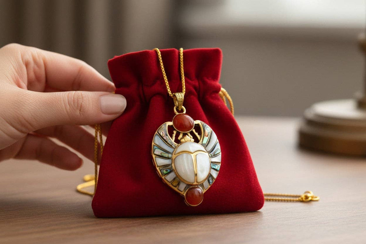 Gold Royal Scarab Pendant Necklace, Mother of Pearl Egyptian Revival Jewelry: Pendant Only