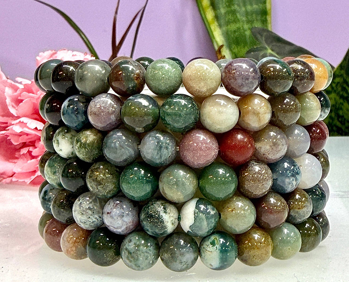 Natural Indian Moss Agate 8mm Crystal Stretch Bracelet 7.5"