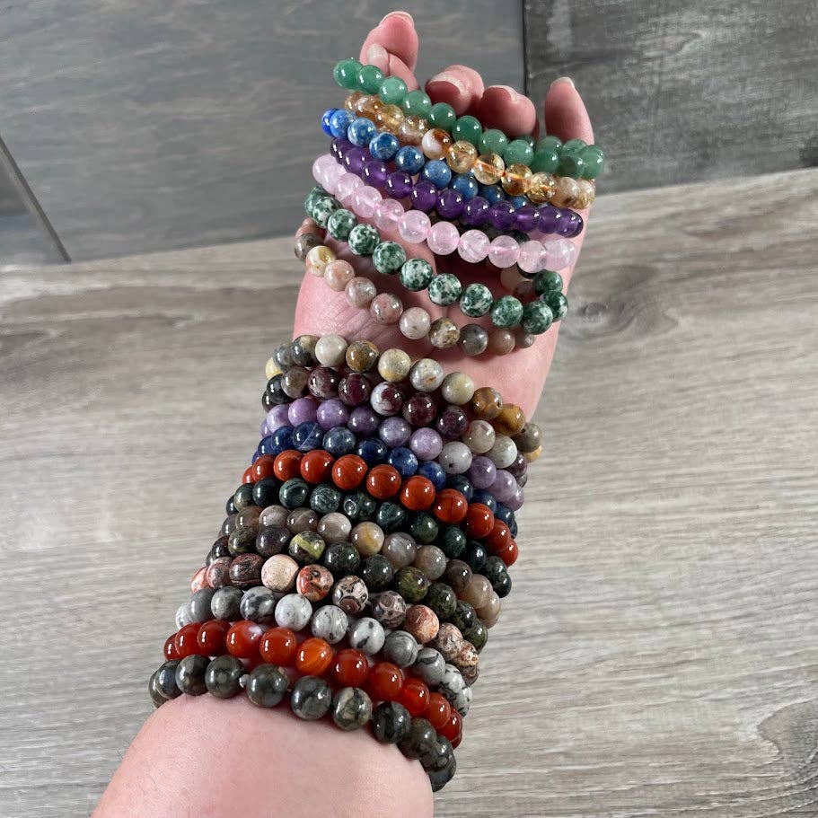 8mm Round Gemstone Beaded Bracelets – Assorted Crystals Bulk: Red Jasper B