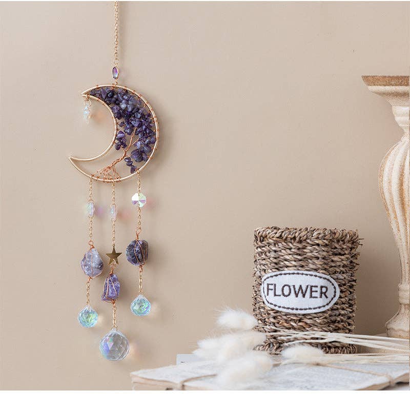 Natural Stone Crystal Moon Shaped Suncatcher 8ZA7HLS08: Purple