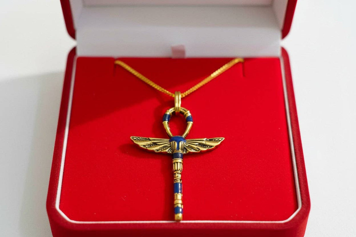 Gold Winged Ankh Pendant Necklace, Egyptian Key of Life Talisman: Pendant Only