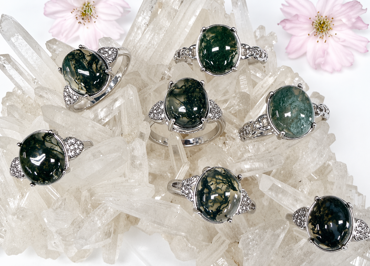 Natural Moss Agate Stainless Steel Rings 10x12mm