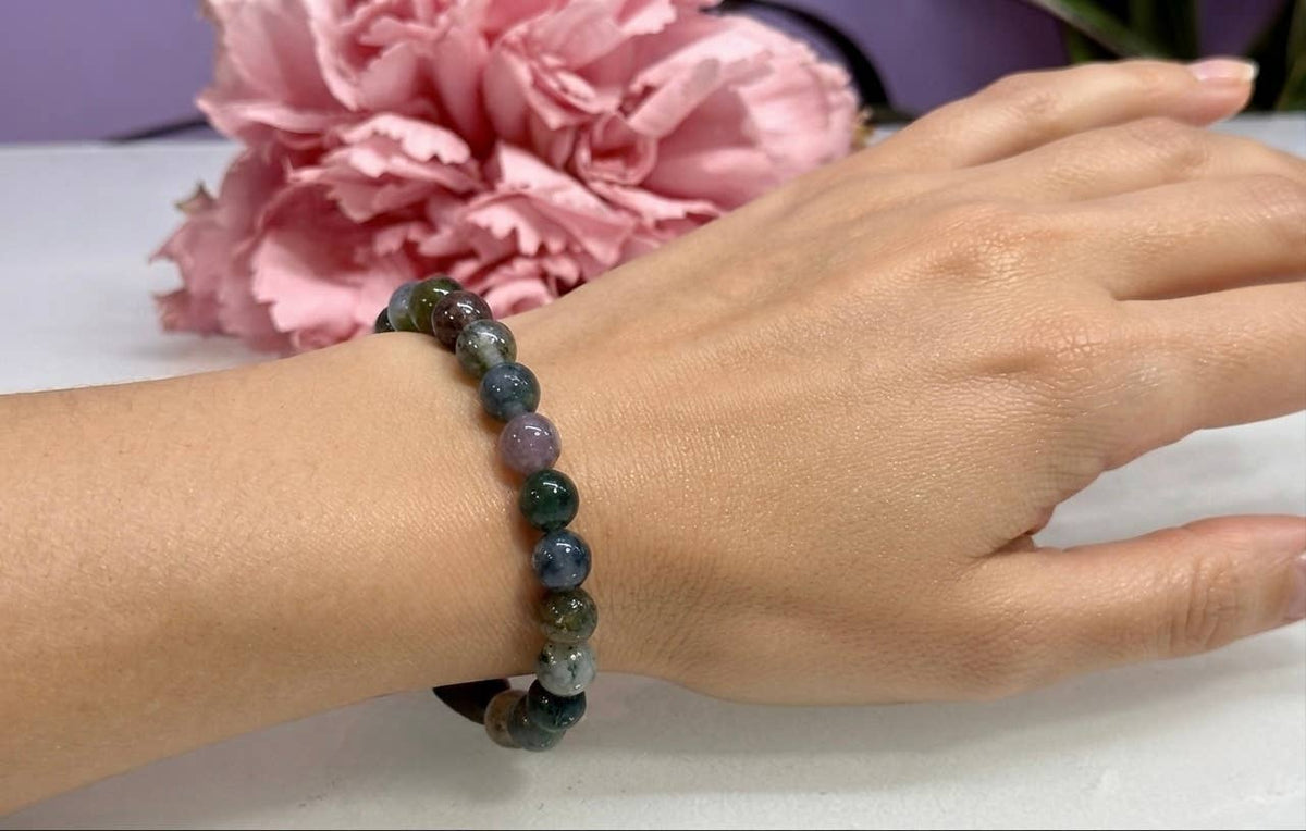 Natural Indian Moss Agate 8mm Crystal Stretch Bracelet 7.5"